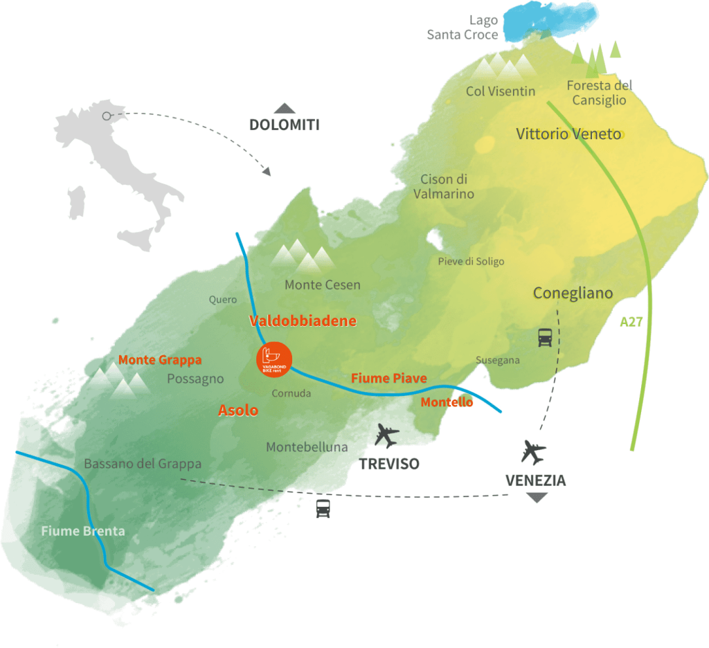 mappa da dove partono i nostri giri in bicicletta e viaggi nelle colline del prosecco